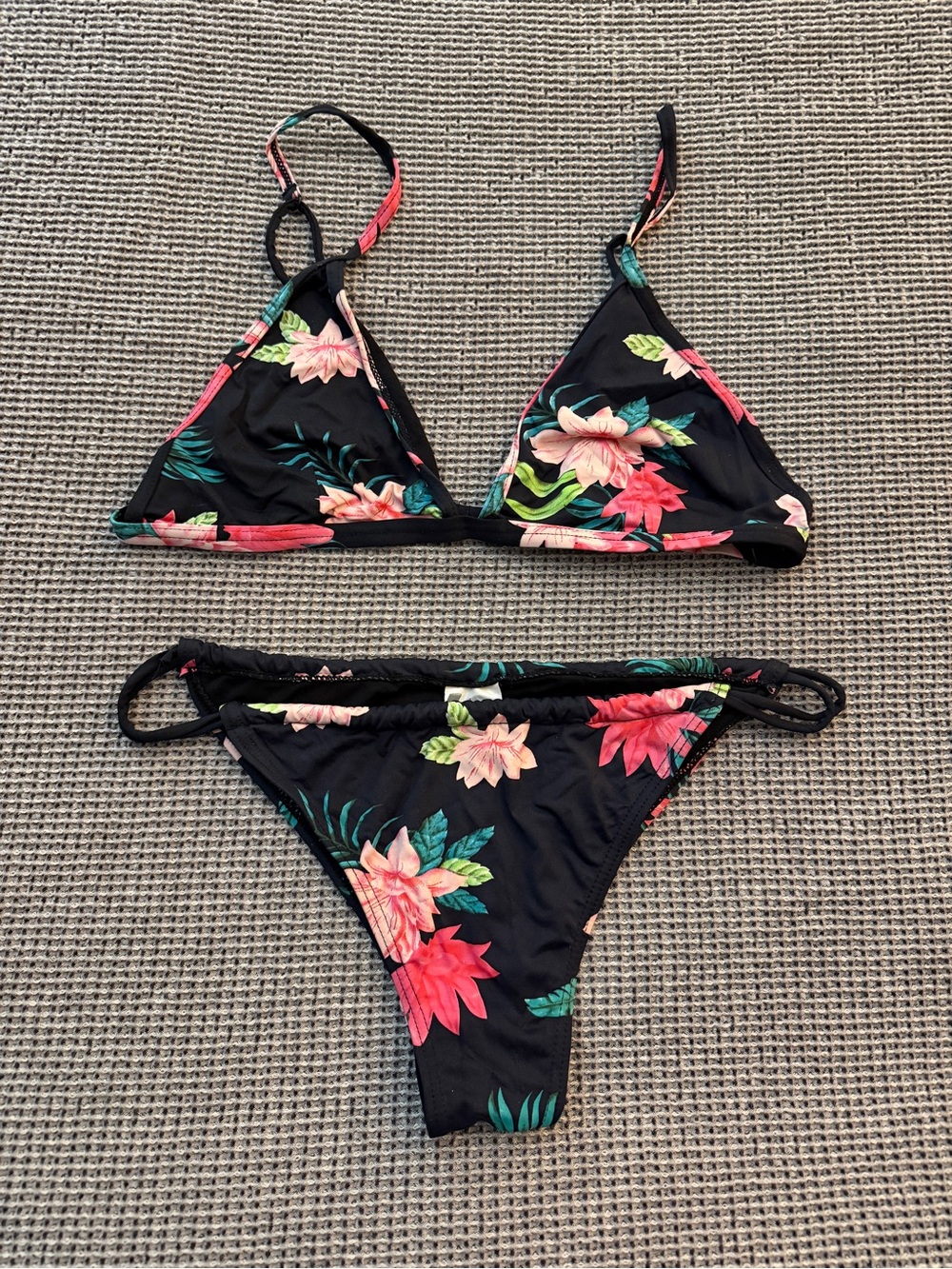 PULL&BEAR Black Floral Triangle Bikini with Pink & Green Accents